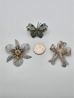Lot of 3 Vintage Silver Filigree Brooches